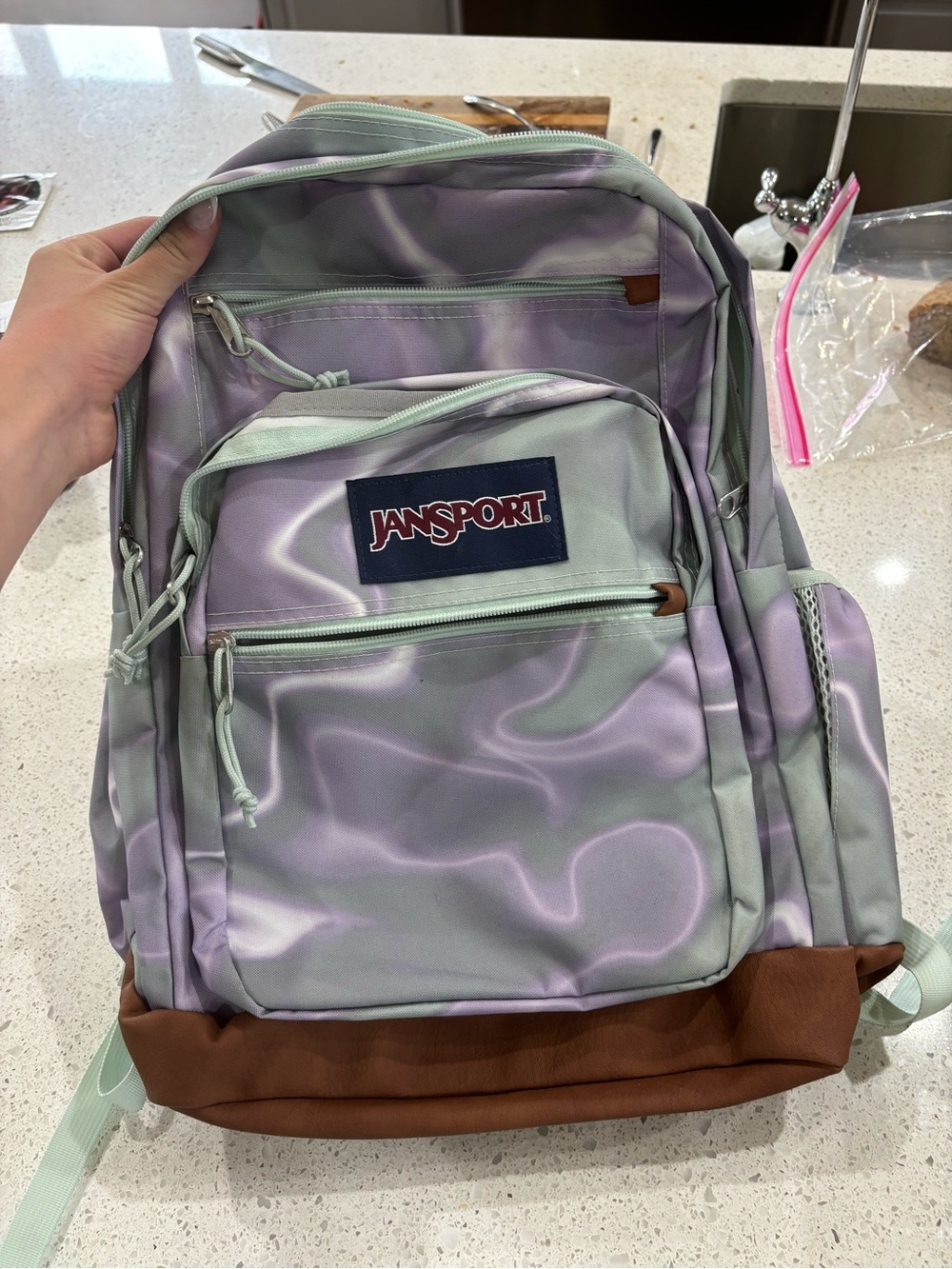 Jansport Lavender Swirl Backpack with Mint Accents and Brown Base BROKEN STRAP